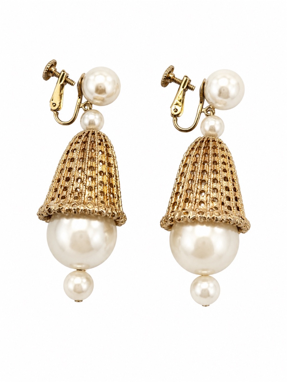 Signed Vintage Marvela Faux Pearl Gold Tone Clip-On Dangle Statement Earrings - Picture 3 of 6